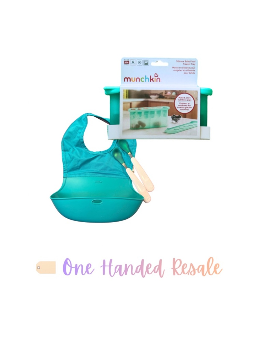 🥕 OXO Catch All Bib Spoons Munchkin Teal Silicone Food Freezer Mold Tray Set